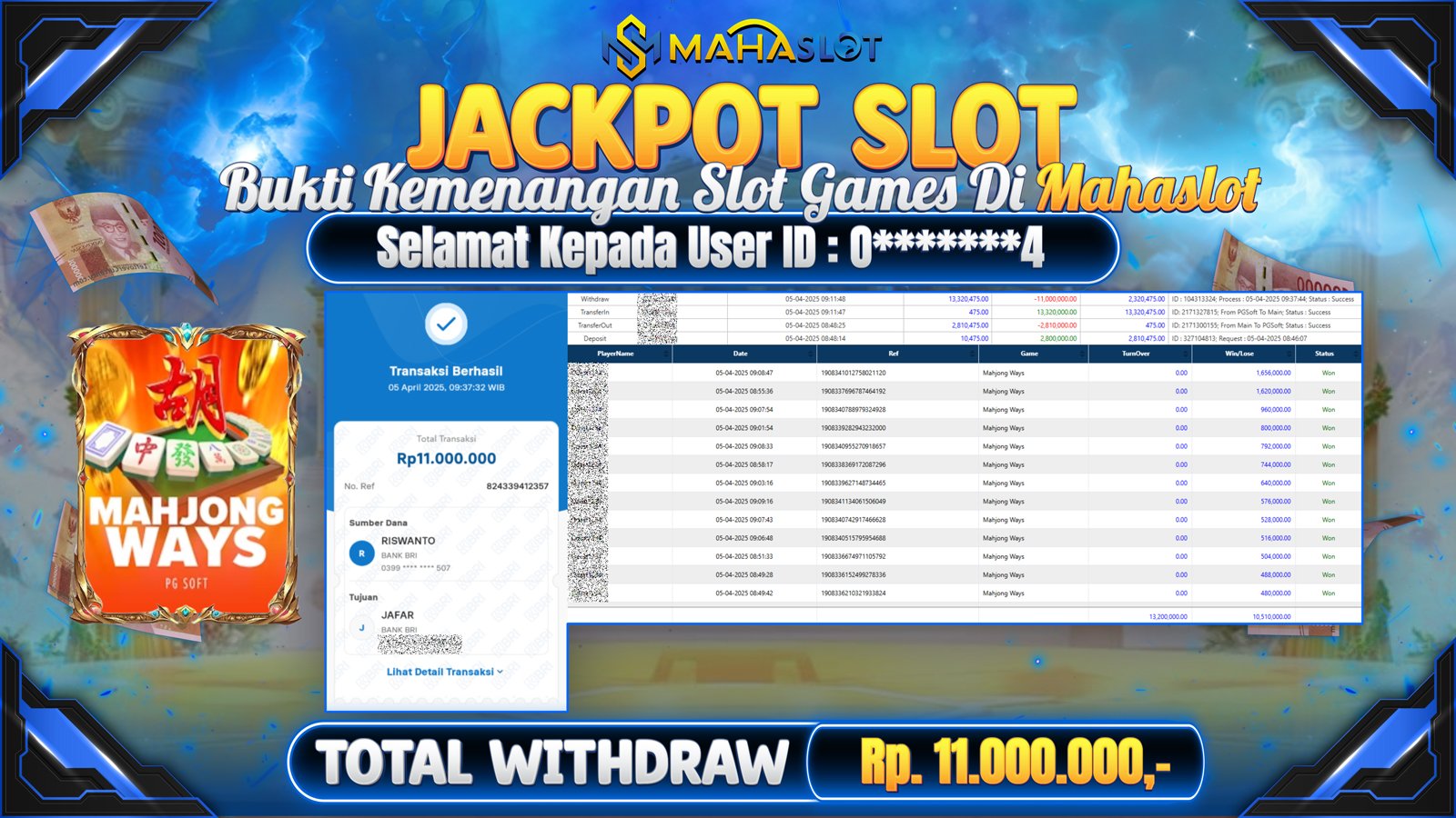 MAHASLOT JACKPOT SLOT GAMES MAHJONG WAYS Rp. 11.000.000,- LUNAS