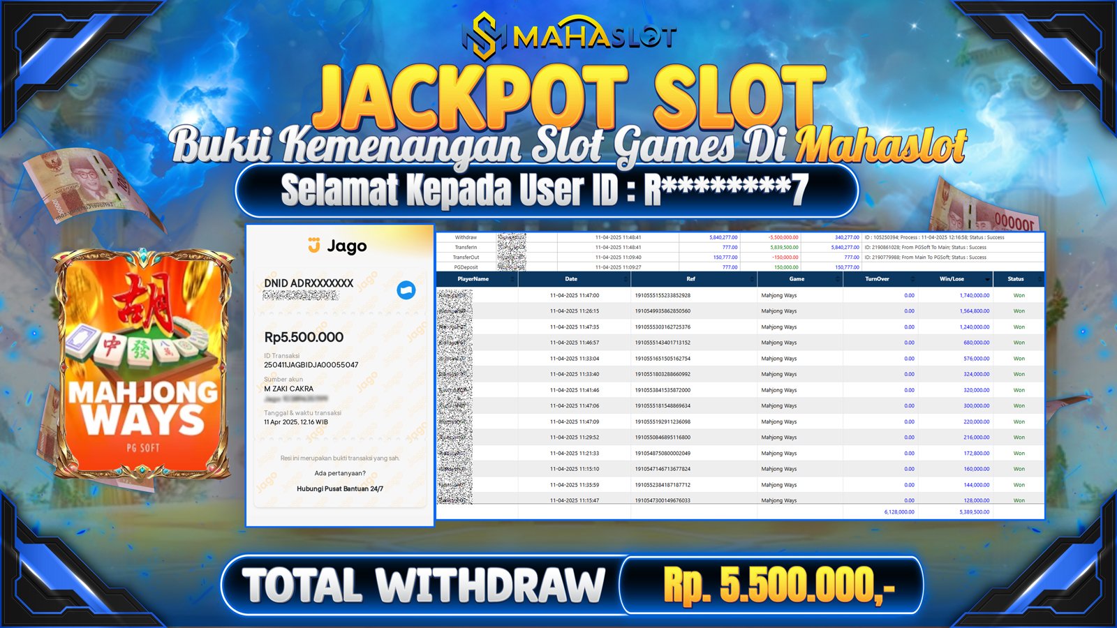 MAHASLOT JACKPOT SLOT GAMES MAHJONG WAYS Rp. 5.500.000,- LUNAS