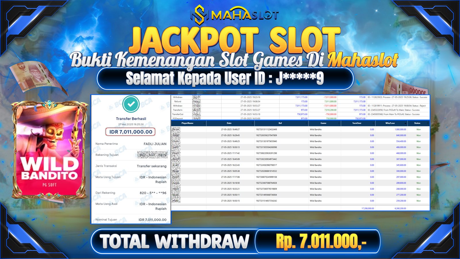 MAHASLOT JACKPOT SLOT WILD BANDITO Rp. 7.011.000,- LUNAS