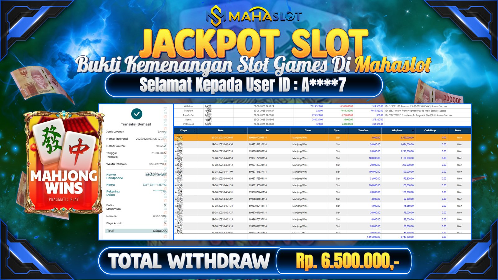 MAHASLOT JACKPOT SLOT GAME MAHJONG WINS Rp. 6.500.000,- LUNAS