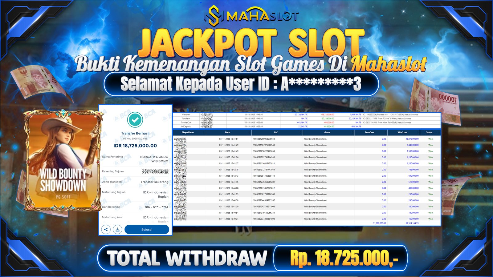 MAHASLOT JACKPOT SLOT GAME WILD BOUNTY SHOWDOWN Rp. 18.725.000,- LUNAS
