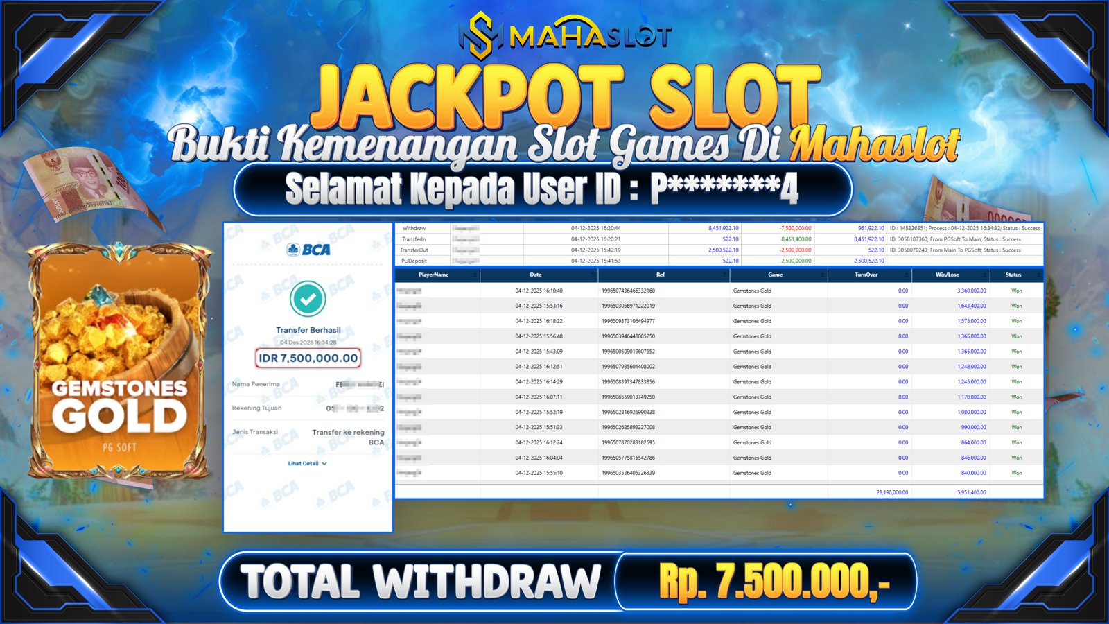 MAHASLOT JACKPOT SLOT GAME GEMSTONES GOLD Rp. 7.500.000,- LUNAS