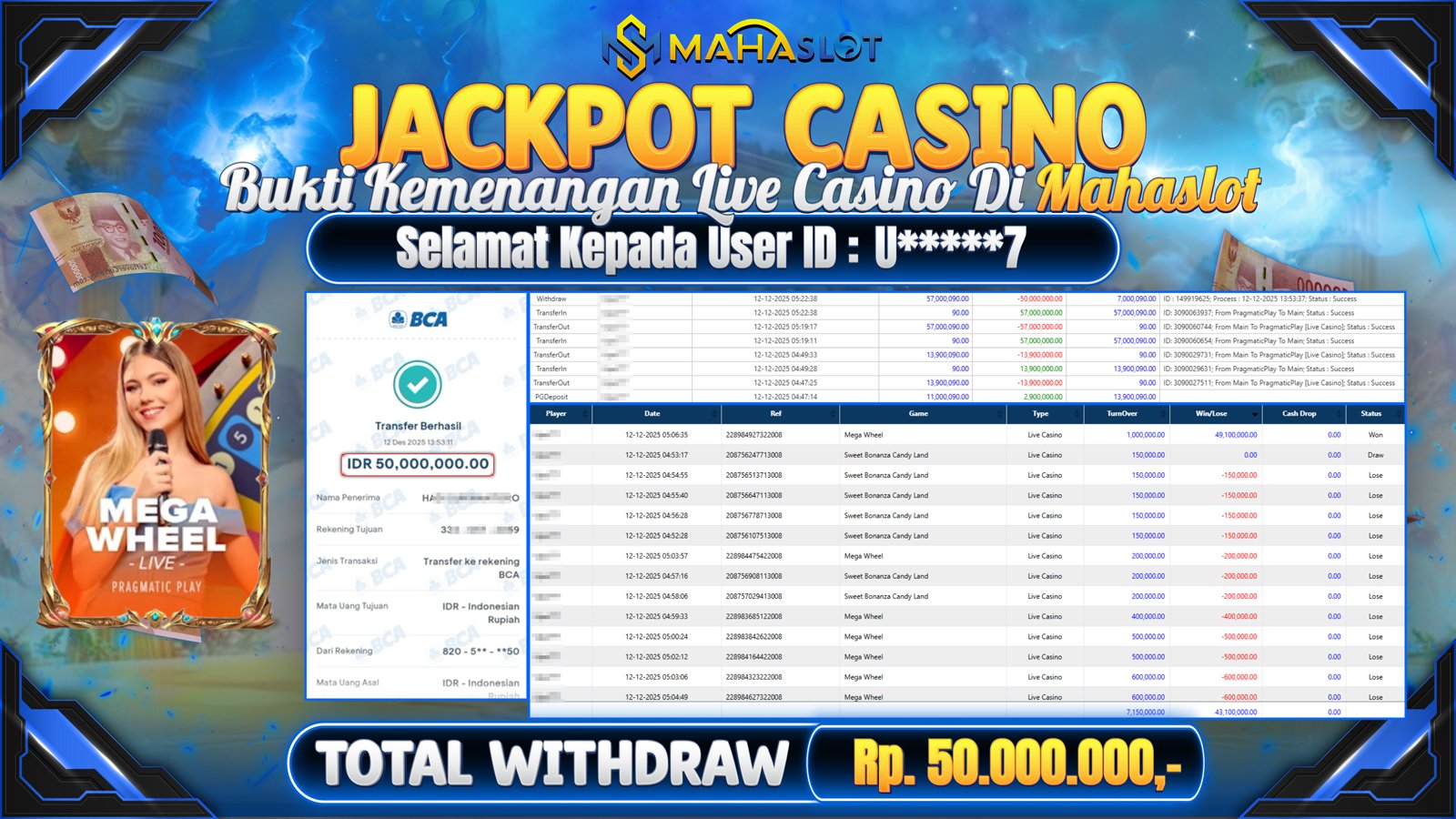 MAHASLOT JACKPOT LIVE CASINO MEGA WHEEL Rp. 50.000.000,- LUNAS