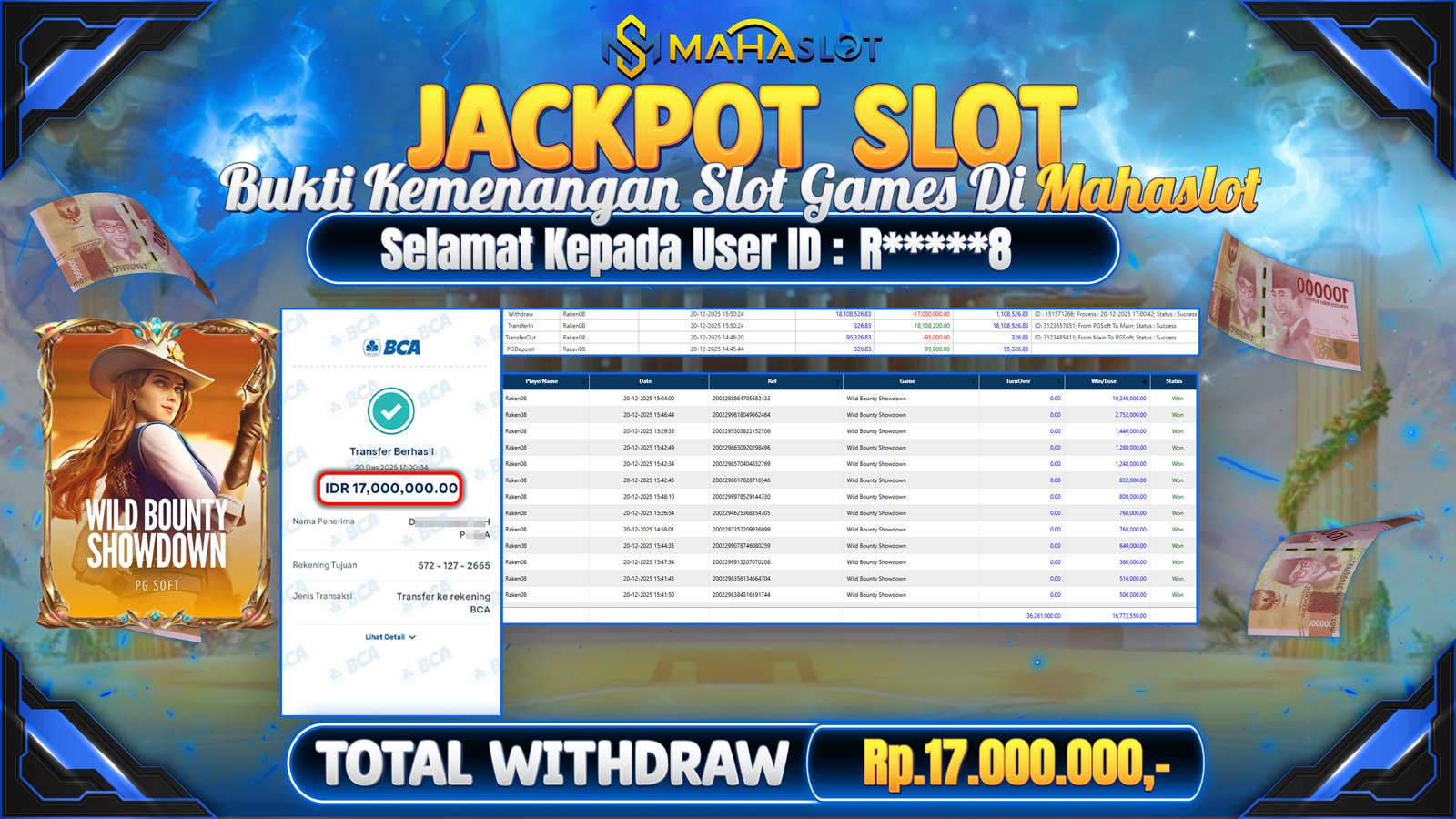 MAHASLOT JACKPOT SLOT GAME WILD BOUNTY SHOWDOWNS Rp. 17.000.000,- LUNAS