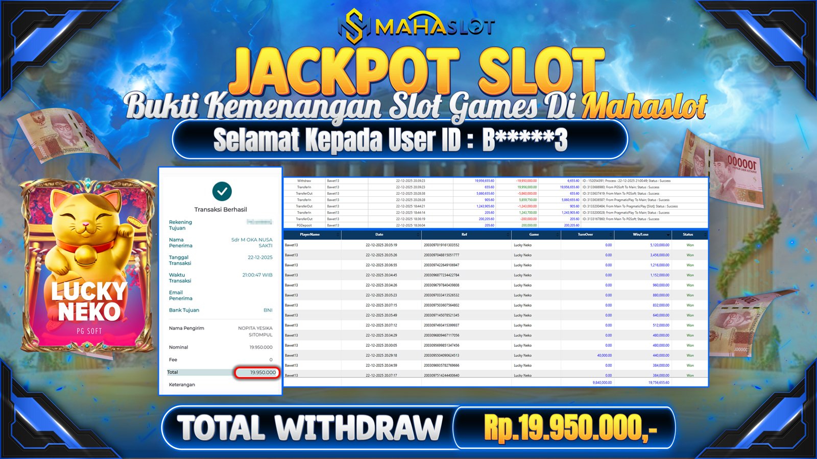 MAHASLOT JACKPOT SLOT GAME LUCKY NEKO Rp. 19.950.000,- LUNAS