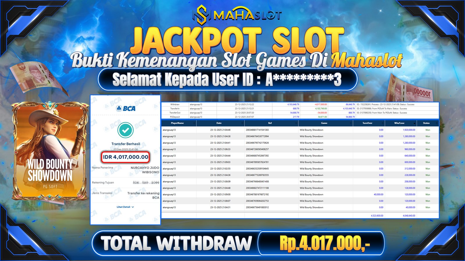 MAHASLOT JACKPOT SLOT GAME WILD BOUNTY SHOWDOWN Rp. 4.017.000,- LUNAS