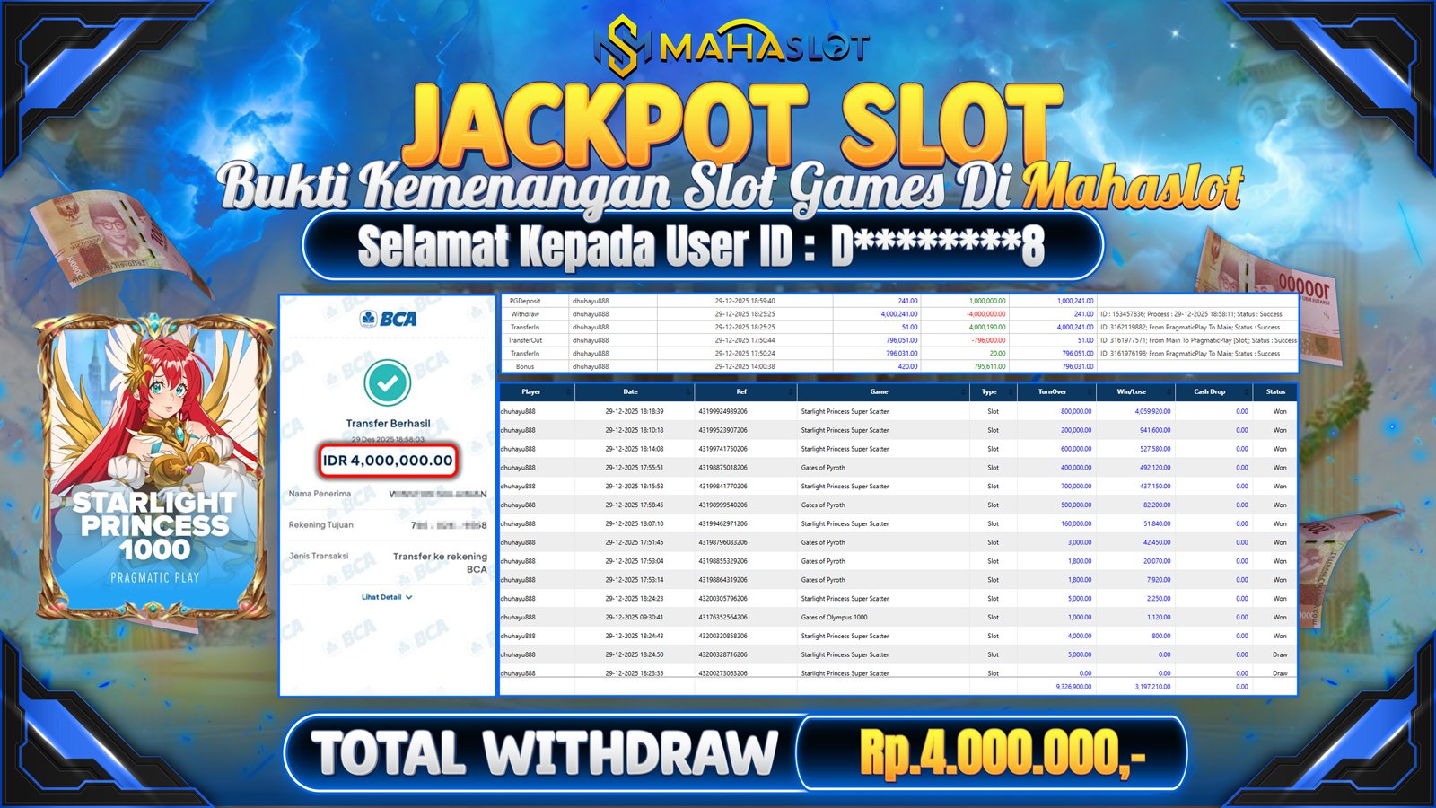 MAHASLOT JACKPOT SLOT GAME STARLIGHT PRINCESS 1000 Rp. 4.000.000,- LUNAS