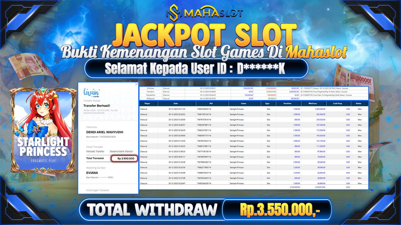 MAHASLOT JACKPOT SLOT GAME STARLIGHT PRINCESS Rp. 3.550.000,- LUNAS