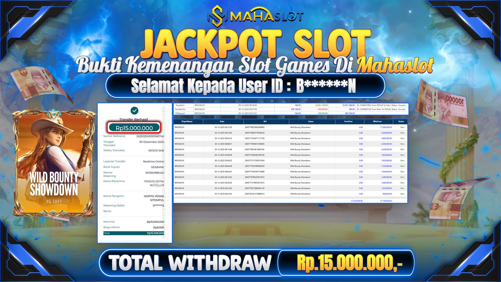 MAHASLOT JACKPOT SLOT GAME WILD BOUNTY SHOWDOWN Rp. 15.000.000,- LUNAS