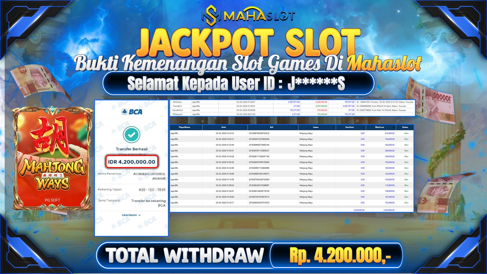 MAHASLOT JACKPOT SLOT GAME MAHJONG WAYS Rp. 4.200.000,- LUNAS