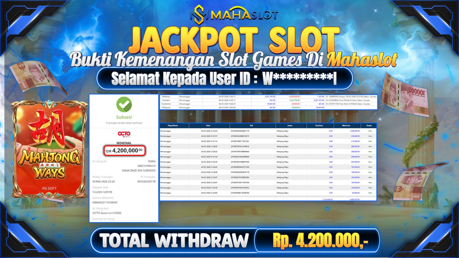 MAHASLOT JACKPOT SLOT GAME MAHJONG WAYS Rp. 4.200.000,- LUNAS